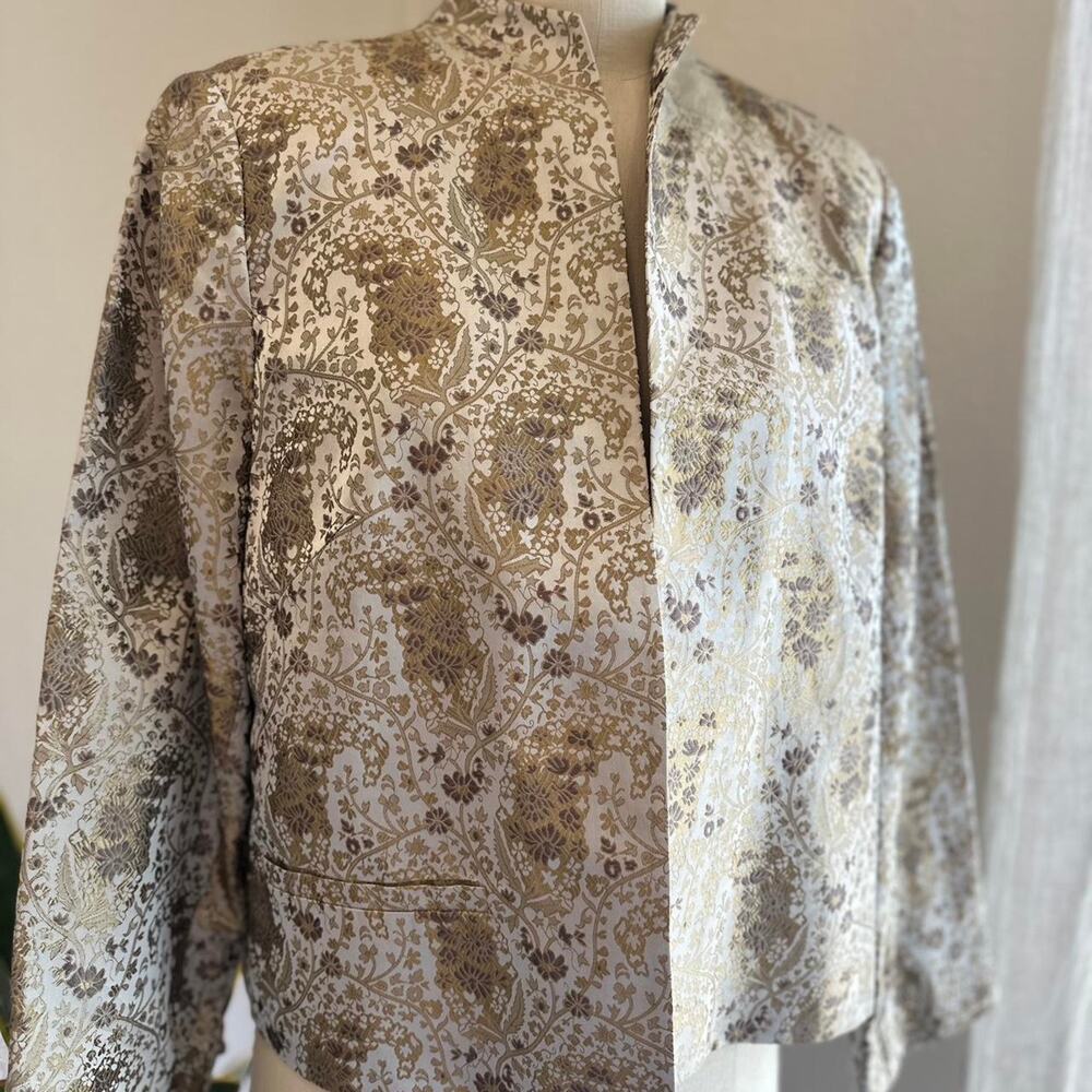 Women’s 14 Petite Jacket Gold Ivory Floral Paisley Silk Brocade Mandarin Collar